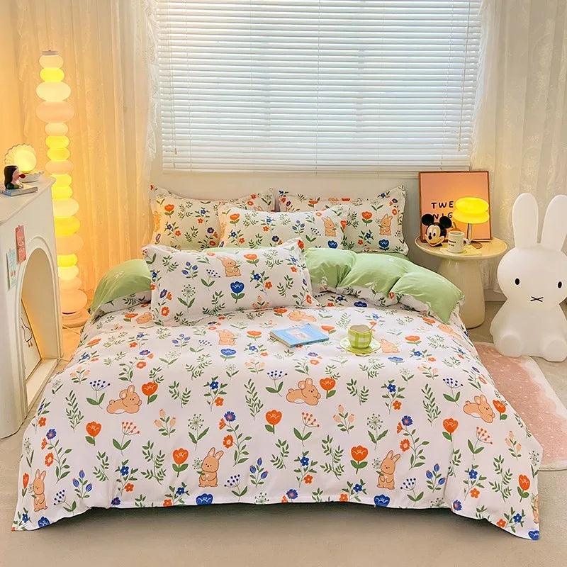 Dreamland Delights Cat Bedding Set Duvet Covers KittyNook Cat Company Bunnies and Flowers Single (1 Duvet Cover + 1 Flat Bedsheet + 1 Pillowcase) 