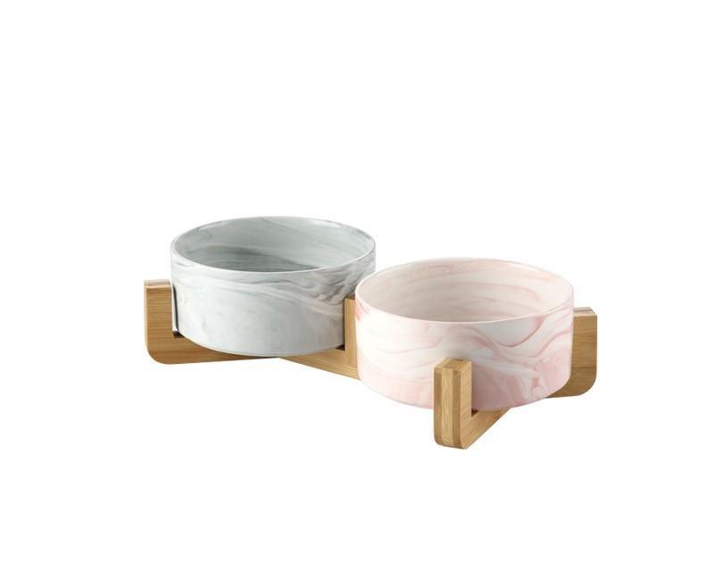 Marble and Bamboo Pet Bowl - KittyNook