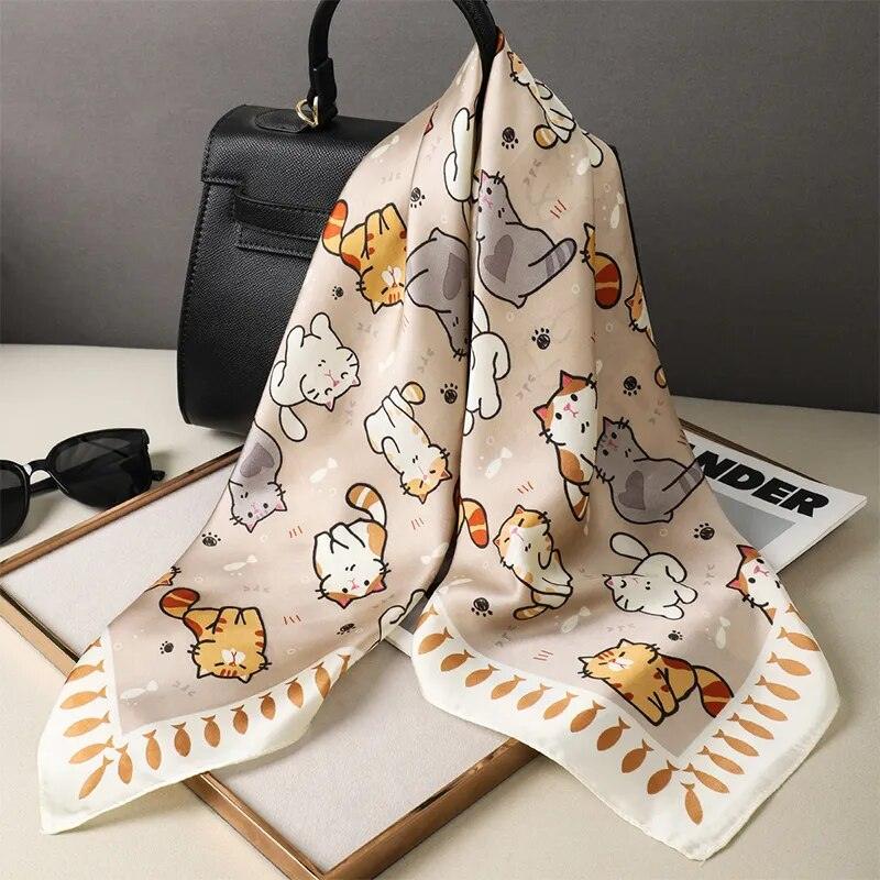 Paws and Prints Silk Shawl Scarves KittyNook Cat Company Almond Elegance Cat Doodles  