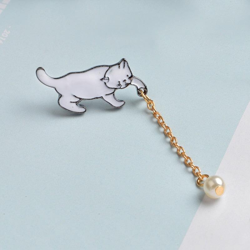 Pearl Drop White Cat Pin Brooches & Lapel Pins KittyNook Cat Company   