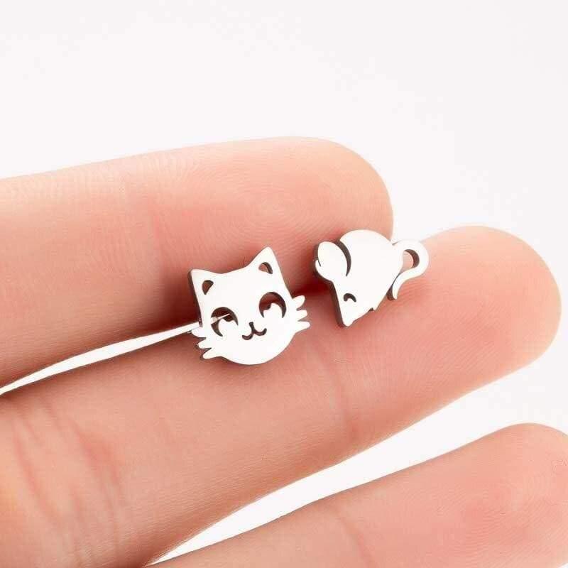 So Kawaii! Dainty Cat Earrings For Women Earrings KittyNook Cat and Mouse Gold 