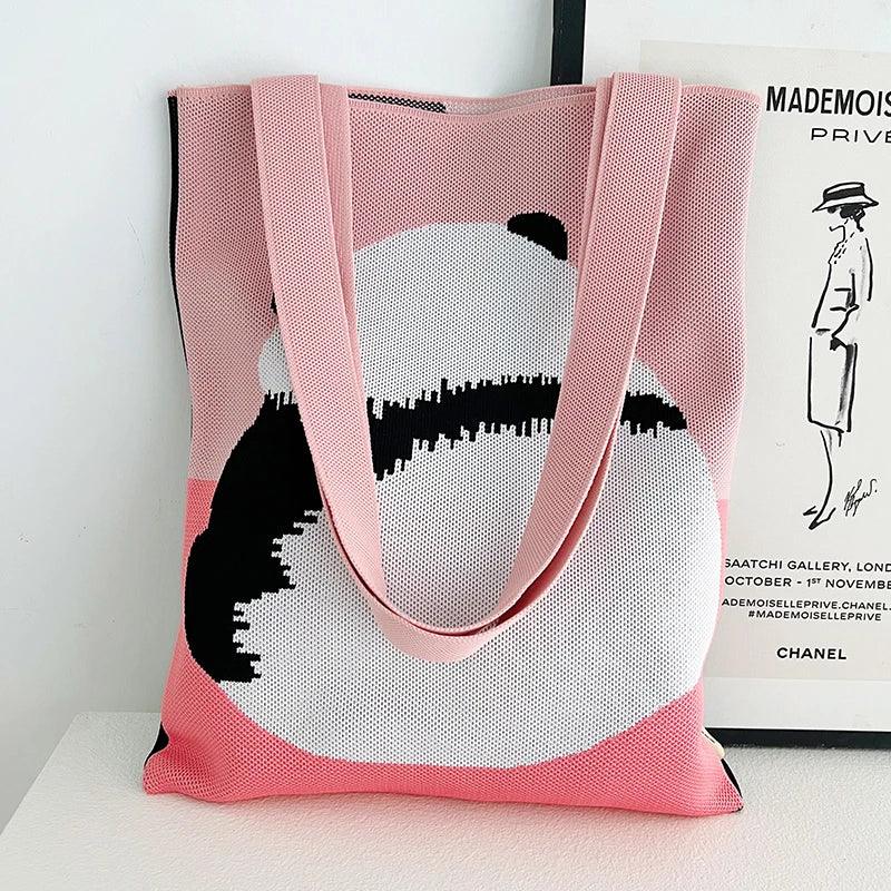 Whiskers n' Yarn Knit Tote Bag Shopping Totes KittyNook Cat Company Pink Panda  