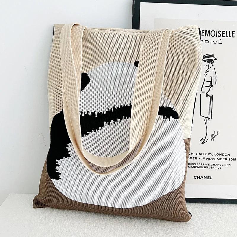 Whiskers n' Yarn Knit Tote Bag Shopping Totes KittyNook Cat Company Beige Panda  