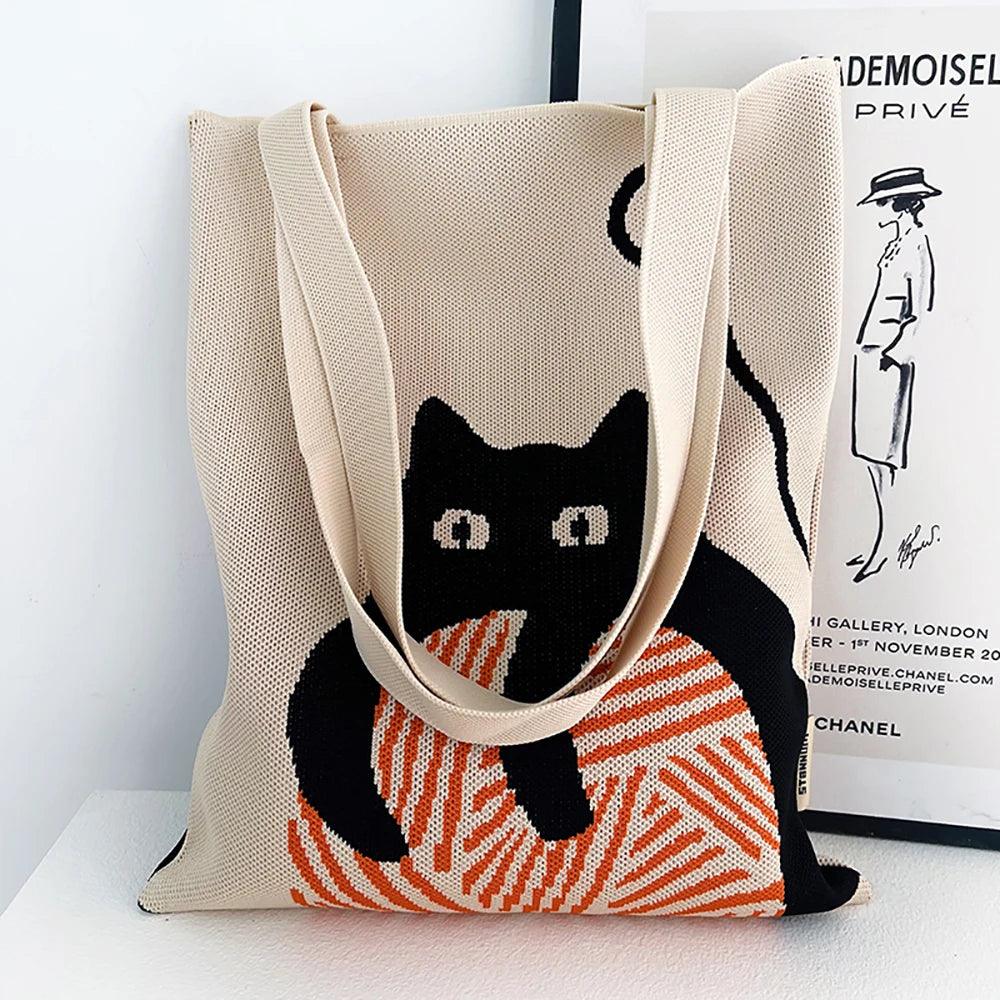 Whiskers n' Yarn Knit Tote Bag Shopping Totes KittyNook Cat Company   