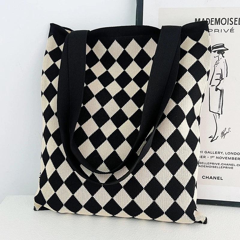 Whiskers n' Yarn Knit Tote Bag Shopping Totes KittyNook Cat Company Black and White Harlequin Print  