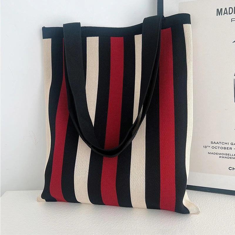 Whiskers n' Yarn Knit Tote Bag Shopping Totes KittyNook Cat Company Red and Black Vertical Stripes  