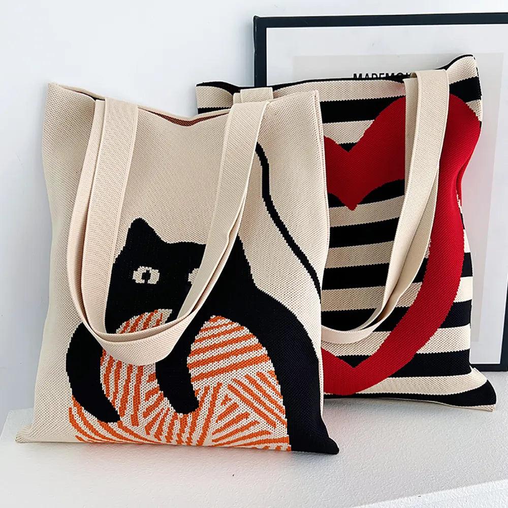 Whiskers n' Yarn Knit Tote Bag Shopping Totes KittyNook Cat Company   