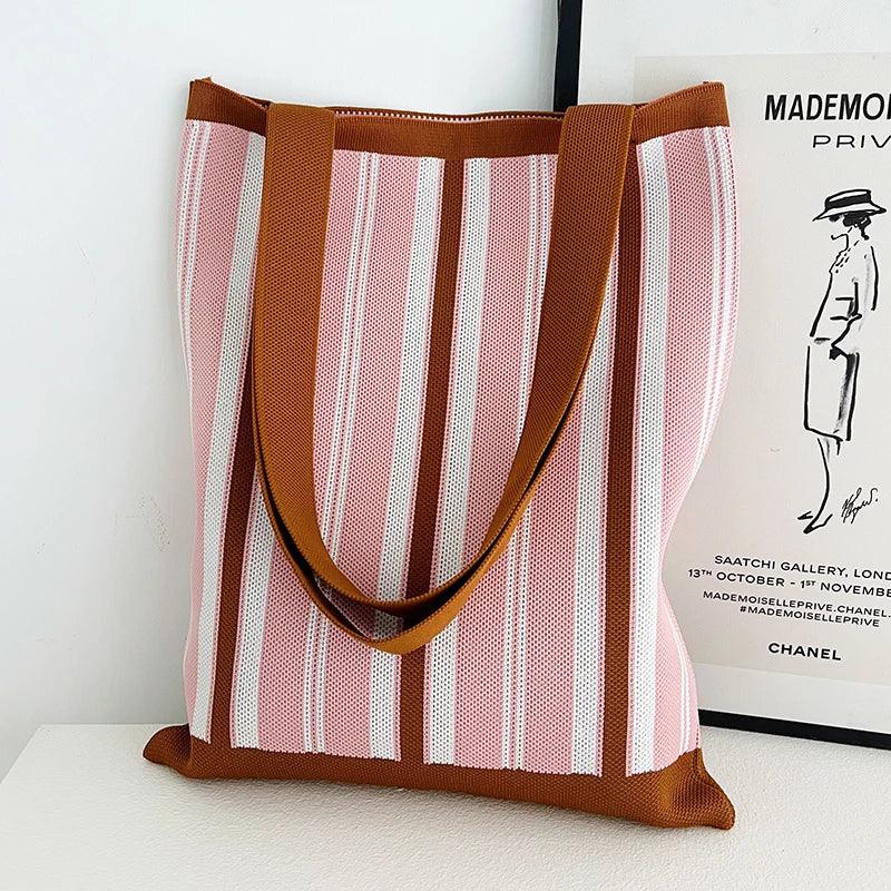 Whiskers n' Yarn Knit Tote Bag Shopping Totes KittyNook Cat Company Pink and Brown Vertical Stripes  