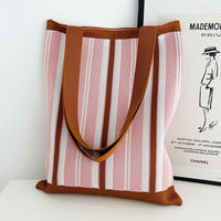 Thumbnail for Whiskers n' Yarn Knit Tote Bag Shopping Totes KittyNook Cat Company Pink and Brown Vertical Stripes  