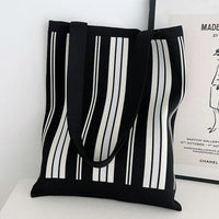 Thumbnail for Whiskers n' Yarn Knit Tote Bag Shopping Totes KittyNook Cat Company Black and White Vertical Stripes  